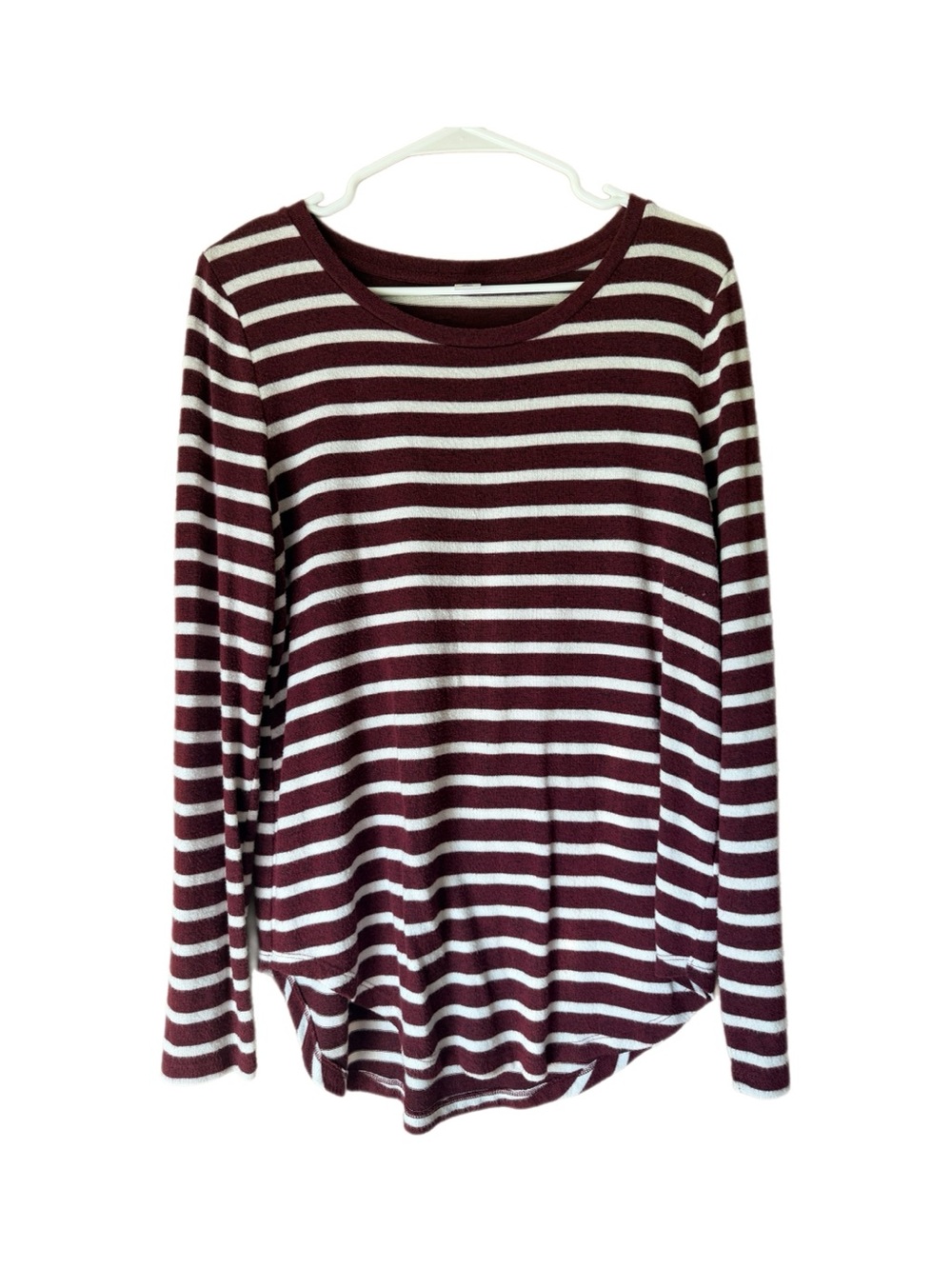 Old Navy Burgundy & White Striped Long-Sleeve Crewneck Top